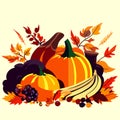 Pumpkin, berries and autumn leaves vector illustration. Fall harvest. Generative AI