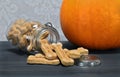 Pumpkin bone shaped dog cookies spilling onto a counter.