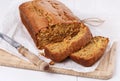 Pumpkin bread loaf over white wooden background Royalty Free Stock Photo