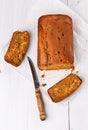 Pumpkin bread loaf over white wooden background Royalty Free Stock Photo