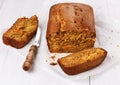 Pumpkin bread loaf over white wooden background Royalty Free Stock Photo