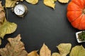 pumpkin bright foliage alarm clock paper note pencil apple. autumn harvest style of the country. flat lying season food view from