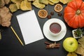 pumpkin bright foliage alarm clock paper note pencil apple. autumn harvest style of the country. flat lying season food view from Royalty Free Stock Photo