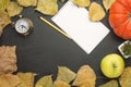 pumpkin bright foliage alarm clock paper note pencil apple. autumn harvest style of the country. flat lying season food view from Royalty Free Stock Photo