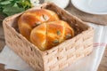 Pumpkin buns topping with pumpkin seeds in the basket. Royalty Free Stock Photo