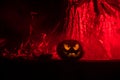 Pumpkin Burning In Forest At Night - Halloween Background. Scary Jack o Lantern smiling and glowing pumpkin with dark toned foggy Royalty Free Stock Photo