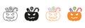 Pumpkin with Candies Line and Silhouette Icon Set. Halloween Basket for Sweet Candy Black and Color Symbol Collection Royalty Free Stock Photo