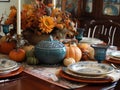 Pumpkin and candles on rustic table for Thanksgiving day family home dinner. Fall traditional holiday food. Generative AI