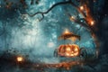 Pumpkin carriage in enchanted forest with lanterns Royalty Free Stock Photo