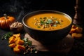 Pumpkin and carrot Cream soup on dark background. Commercial promotional food photo