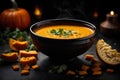 Pumpkin and carrot Cream soup on dark background. Commercial promotional food photo