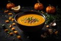 Pumpkin and carrot Cream soup on dark background. Commercial promotional food photo