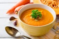 Pumpkin and carrot cream soup with pumpkin seeds and parsley in bowl on white wooden background.