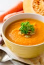 Pumpkin and carrot cream soup with pumpkin seeds and parsley in bowl on white wooden background. Royalty Free Stock Photo