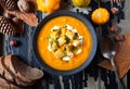 Pumpkin and carrot soup with cream, croutons on dark creative wooden background for Thanksgiving, halloween. Top view. Royalty Free Stock Photo
