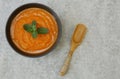 Pumpkin or carrot or sweet potato soup puree in a bowl on a grey background with spoon. Copy space. Isolated. Food background Royalty Free Stock Photo