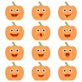 Pumpkin cartoon icons with faces. Set of colored characters. Cute, funny and happy vector illustrations and vegetables.