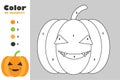 Pumpkin in cartoon style, color by number, halloween education paper game for the development of children, coloring page, kids pre