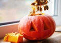 Pumpkin carving at home. close up Royalty Free Stock Photo
