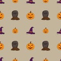 pumpkin character seamless pattern and hat, headstone halloween ornament object holiday event background design vector graphic, Royalty Free Stock Photo
