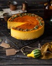 Pumpkin cheesecake with caramel sauce and seeds on top Royalty Free Stock Photo