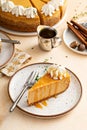 Pumpkin cheesecake with fall spices topped with whipped cream