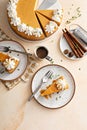 Pumpkin cheesecake with fall spices topped with whipped cream