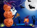 Pumpkin, cobweb, bats, broomstick, ghosts , spider and little witch with a hat. Happy characters under the moonlight