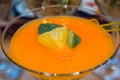Pumpkin cocktail with orange and mint. Cooking as a hobby. Professional cooking. Banquet. Vegetarian food