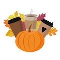 Pumpkin with coffee cups and autumn leaves