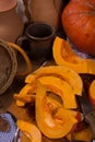 Pumpkin cooking on the kitchen table. Vintage style Royalty Free Stock Photo