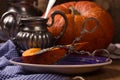 Pumpkin cooking on the kitchen table. Vintage style Royalty Free Stock Photo