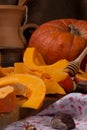 Pumpkin cooking on the kitchen table. Vintage style Royalty Free Stock Photo