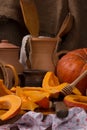 Pumpkin cooking on the kitchen table. Vintage style Royalty Free Stock Photo