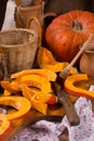 Pumpkin cooking on the kitchen table. Vintage style Royalty Free Stock Photo