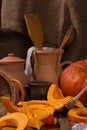 Pumpkin cooking on the kitchen table. Vintage style Royalty Free Stock Photo
