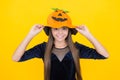 Pumpkin costume. childhood autumn holiday. teen girl ready to celebrate party. costume party fun. jack o lantern. happy Royalty Free Stock Photo