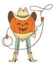 Pumpkin cowboy rodeo vector printable color illustration. Halloween pumpkin wearing cowboy hat and cowboy boots holds lasso Royalty Free Stock Photo