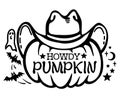 Pumpkin cowboy vector black graphic printable illustration. Halloween pumpkin wearing cowboy hat with howdy text isolated on white