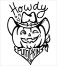 Pumpkin cowboy vector printable illustration. Halloween pumpkin wearing cowboy hat and bandanna with howdy text isolated on white