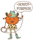 Pumpkin cowgirl vector printable color illustration. Halloween girl pumpkin wearing cowboy hat and cowboy boots drops lasso Royalty Free Stock Photo