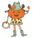 Pumpkin cowgirl vector printable color illustration. Halloween girl pumpkin wearing cowboy hat and cowboy boots drops lasso w