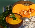 Pumpkin cream soup in bowl with parsley Royalty Free Stock Photo