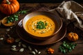 Pumpkin cream soup bowl , pumpkin orange seeds, parsley sprig spicy rustic healthy