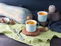 Pumpkin cream soup in green pastel mugs. Rustic lunch
