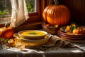 Pumpkin cream soup an old background, pumpkin seeds, parsley sprig spicy