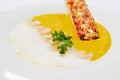 Pumpkin cream soup with prawns Royalty Free Stock Photo