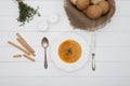 Pumpkin cream soup puree on a light wooden table in a white plate. top view Royalty Free Stock Photo