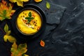 Pumpkin Cream Soup with Ricotta Cheese Mousse, Molecular Italian Dish with Stylish Decorations