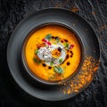 Pumpkin Cream Soup with Ricotta Cheese Mousse, Molecular Italian Dish with Stylish Decorations